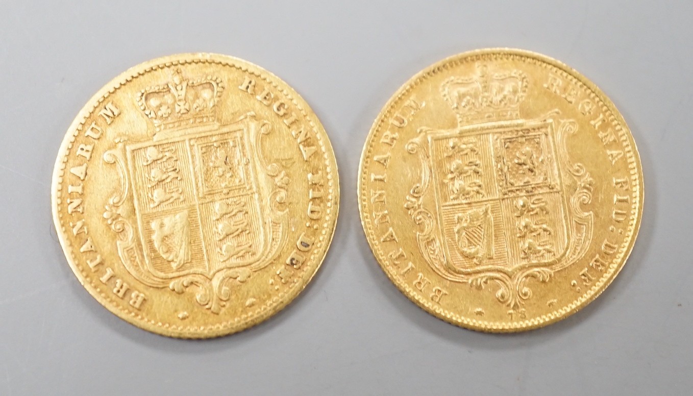 Two Victoria gold half sovereigns, 1858 & 1880.